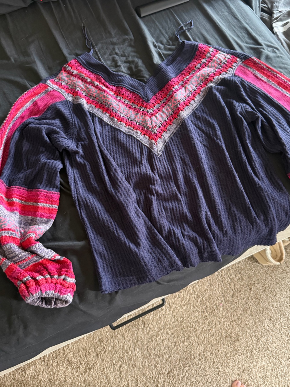 Free People Navy Blue Pullover with Pink and Gray Accents